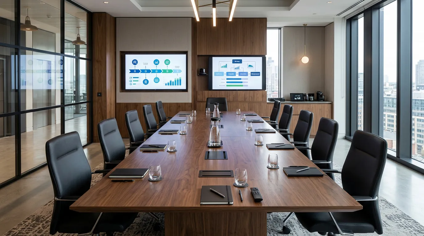 corporate boardroom with large conference table, presentation screens showing business communication strategy, professional architecture, natural lighting