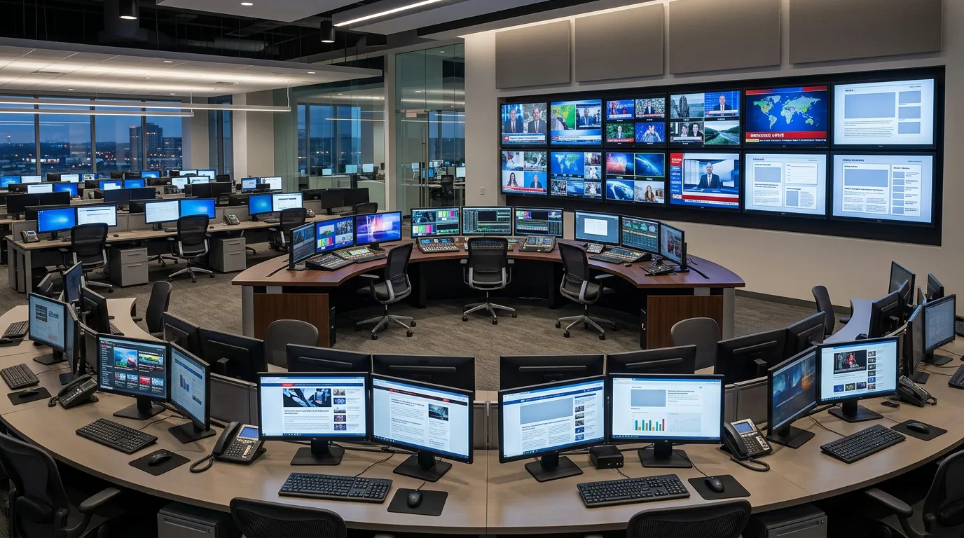 modern newsroom or media hub setup with multiple monitors displaying news feeds and press release templates, professional workspace environment