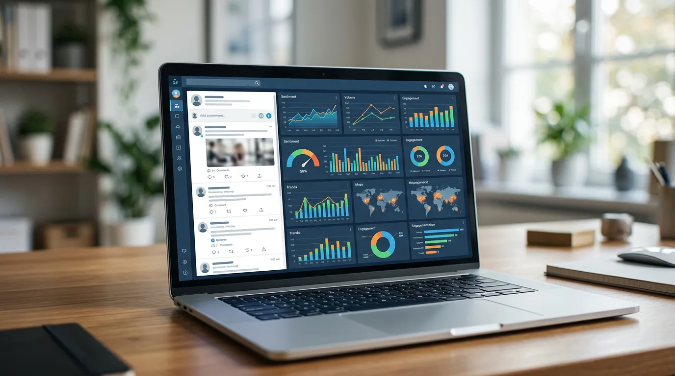 laptop computer screen displaying social media feed and analytics charts, reputation monitoring dashboard interface, abstract digital elements