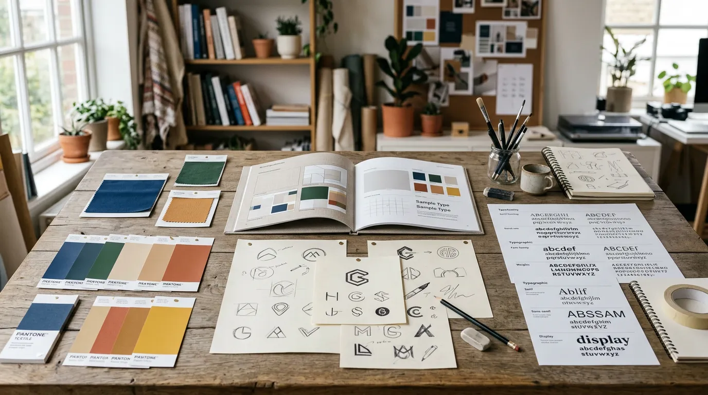 brand identity design elements laid out on a workspace: color swatches, typography samples, logo sketches, brand guidelines document, creative studio environment