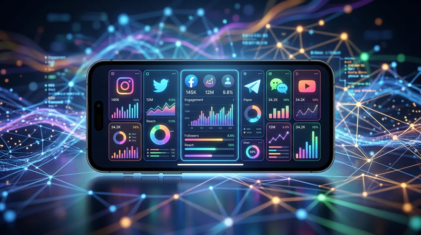 vibrant digital interface showing social media platforms and engagement metrics, mobile phone displaying various social app icons, abstract network visualization